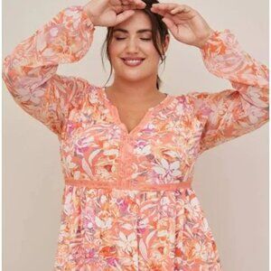 Torrid Super Soft Floral Print Long Sheer Balloon Sleeve Blouse Top Size 6X (30)